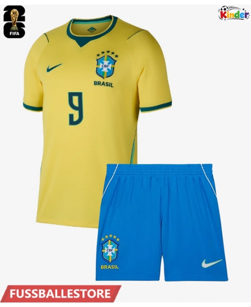 Günstige Brasilien Matheus Cunha #9 Heimtrikotsatz Kinder WM 2026 Kurzarm (+ Kurze Hosen)